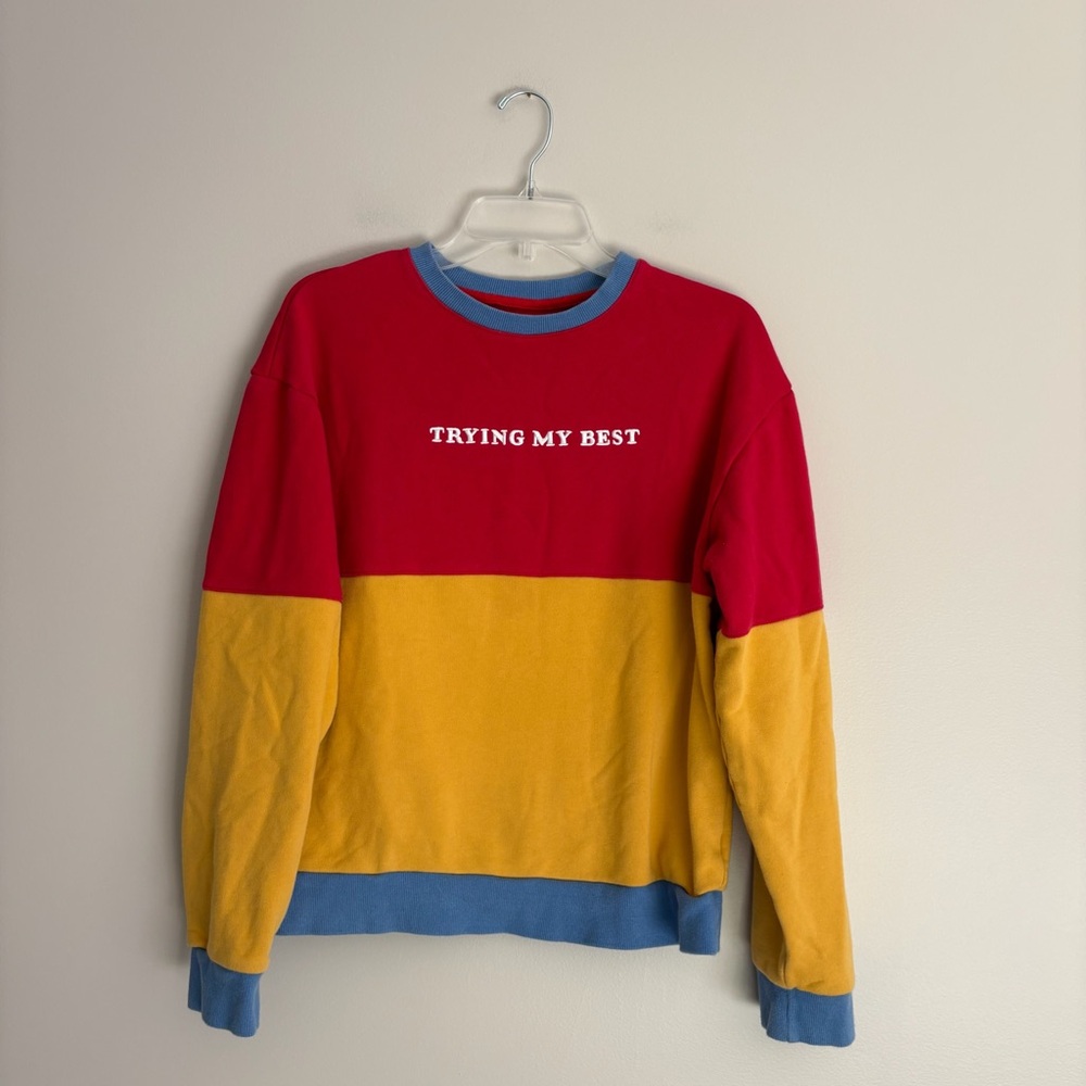 Colorblock "Trying My Best" Crewneck Sweatshirt - Red/Gold with Blue Trim